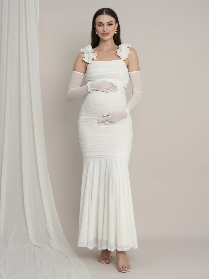 White Maternity Bodycon Mermaid Gown with Detachable Sleeves