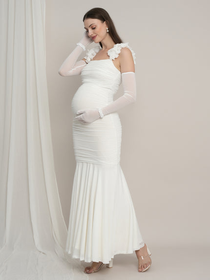 White Maternity Bodycon Mermaid Gown with Detachable Sleeves