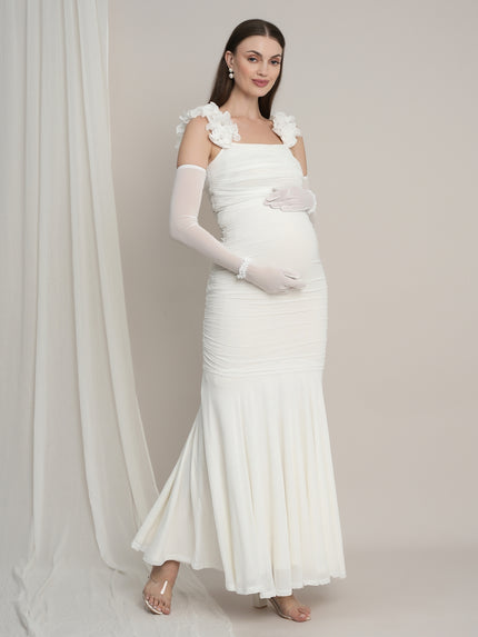 White Maternity Bodycon Mermaid Gown with Detachable Sleeves