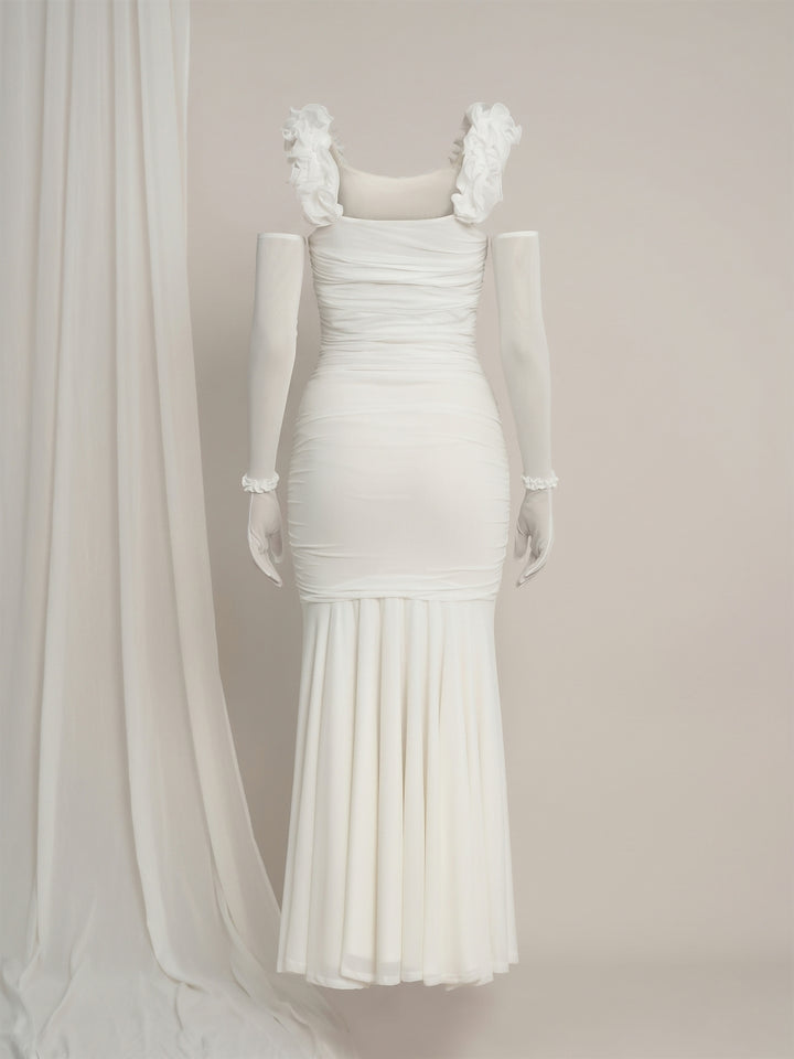 White Maternity Bodycon Mermaid Gown with Detachable Sleeves