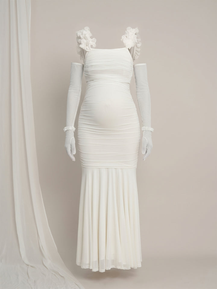 White Maternity Bodycon Mermaid Gown with Detachable Sleeves