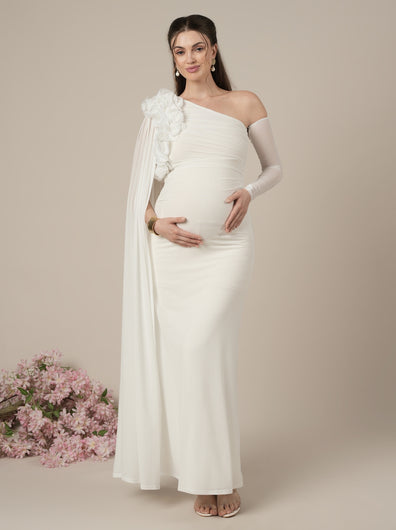 White Baby Shower Maternity Shoot Bodycon Gown with Detchable Sleeve
