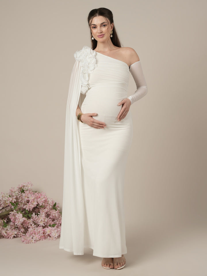 Maternity White Bodycon Gown with Detachable Train and Sleeves