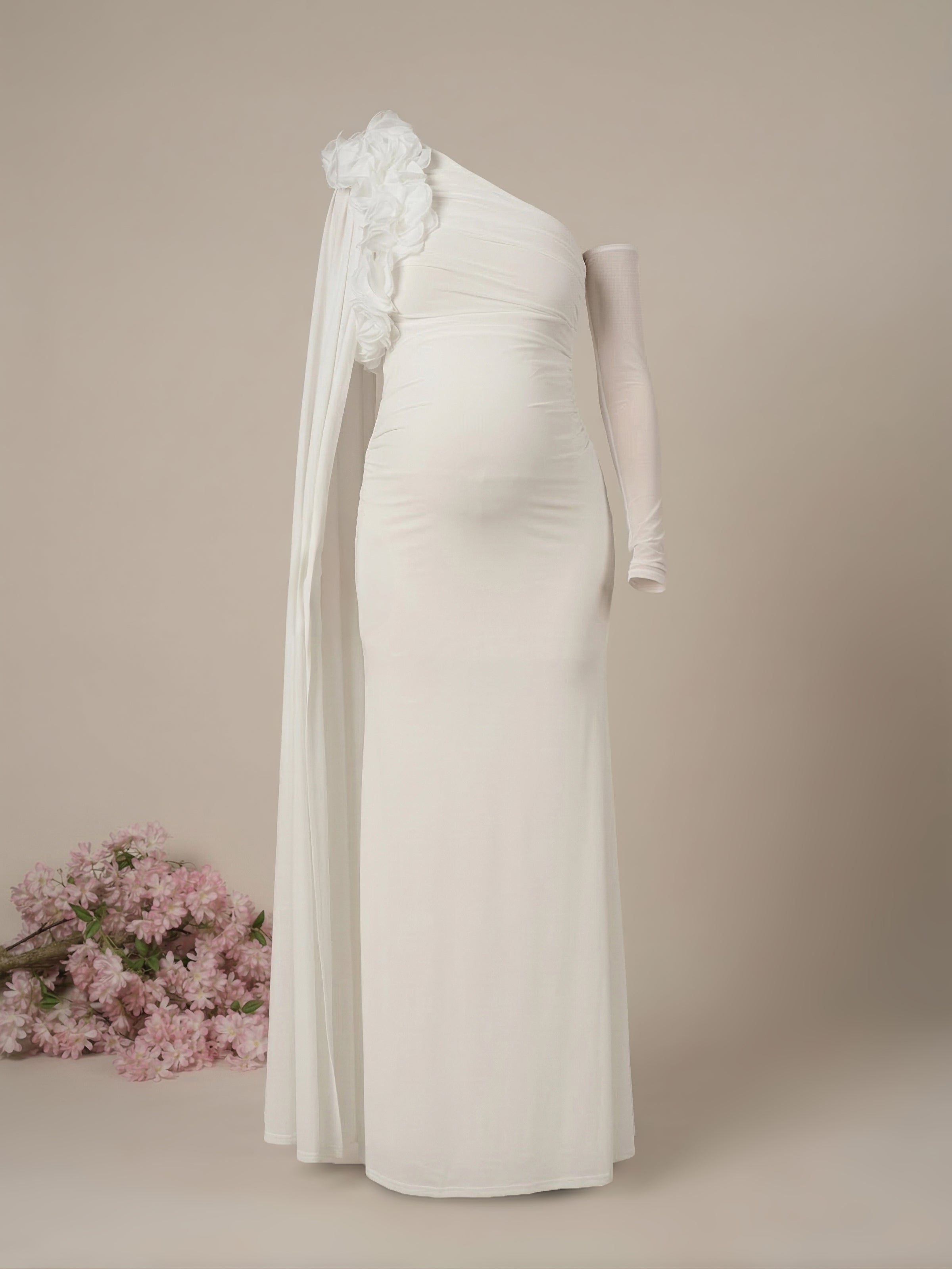 White Baby Shower Maternity Shoot Bodycon Gown with Detchable Sleeve