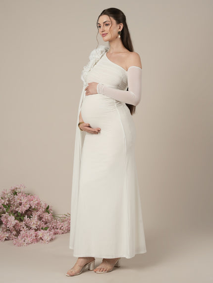 Maternity White Bodycon Gown with Detachable Train and Sleeves