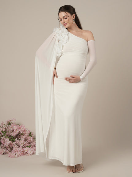White Baby Shower Maternity Shoot Bodycon Gown with Detchable Sleeve