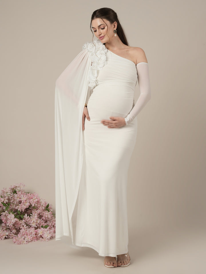 Maternity White Bodycon Gown with Detachable Train and Sleeves