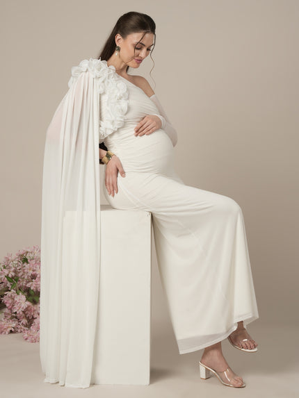 Maternity White Bodycon Gown with Detachable Train and Sleeves