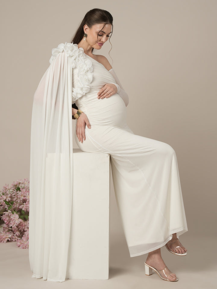 Maternity White Bodycon Gown with Detachable Train and Sleeves