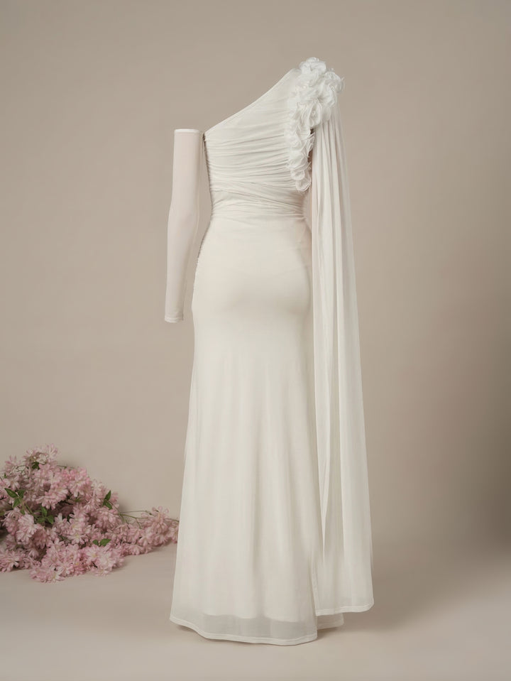 Maternity White Bodycon Gown with Detachable Train and Sleeves