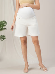 White Maternity Denim Shorts with Overbelly Fit