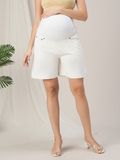 White Maternity Denim Shorts with Overbelly Fit