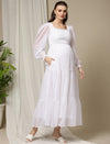 Maternity Smocked Long Maxi Dress- White
