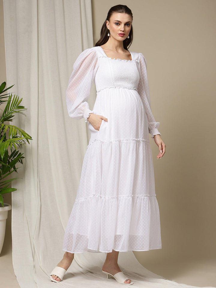 Maternity Smocked Long Maxi Dress- White