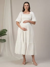 Maternity & Nursing White Cotton Ruched Maxi Dress