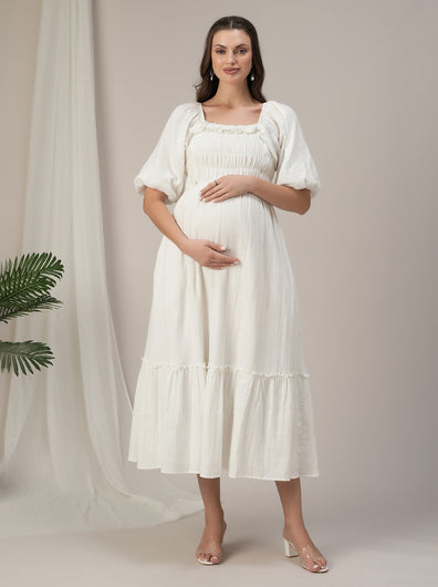 Maternity & Nursing White Cotton Ruched Maxi Dress