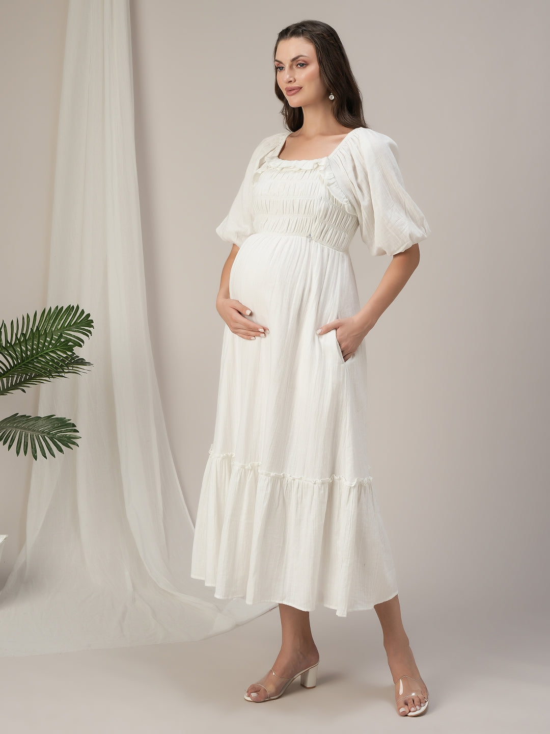 White Cotton Maternity & Nursing Ruched Maxi Dress