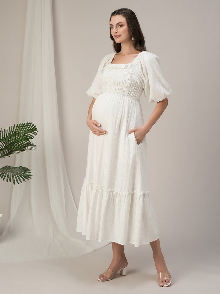 Maternity & Nursing White Cotton Ruched Maxi Dress
