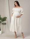 Maternity & Nursing White Cotton Ruched Maxi Dress