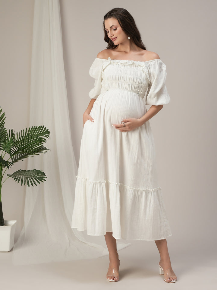 Maternity & Nursing White Cotton Ruched Maxi Dress