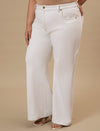 Plus-size woman in left side view wearing White Plus Size Bootcut Jeans with mid-rise waist and flared hem