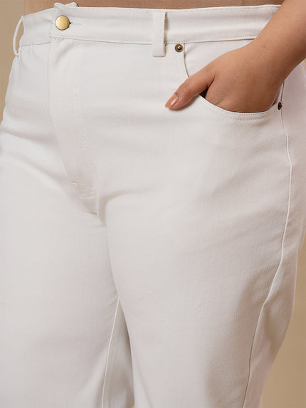Close-up view of White Plus Size Straight Fit Jeans showing mid-rise waist and straight leg design