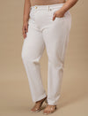 Plus-size woman in left side view wearing White Plus Size Straight Fit Jeans with mid-rise waist and straight leg design