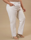 Plus-size woman in side view wearing White Plus Size Straight Fit Jeans with mid-rise waist and straight leg design