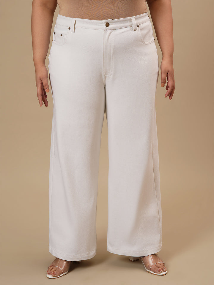 Plus-size woman in front view wearing White Plus Size Wide Leg Jeans featuring high waist and wide-leg silhouett