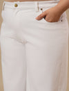 Close-up view of White Plus Size Wide Leg Jeans showing high-rise waistband and denim texture