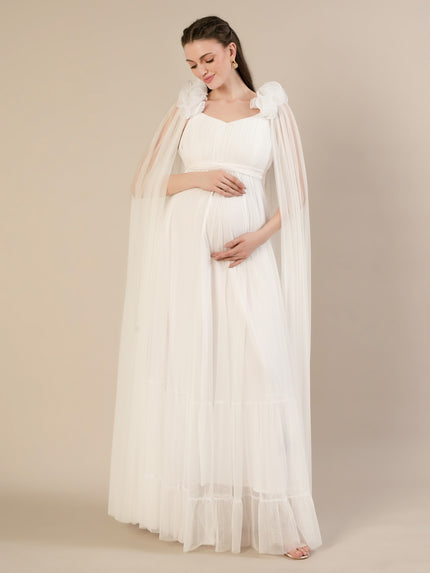 White Ruffle Maternity Maxi Party Gown Dress