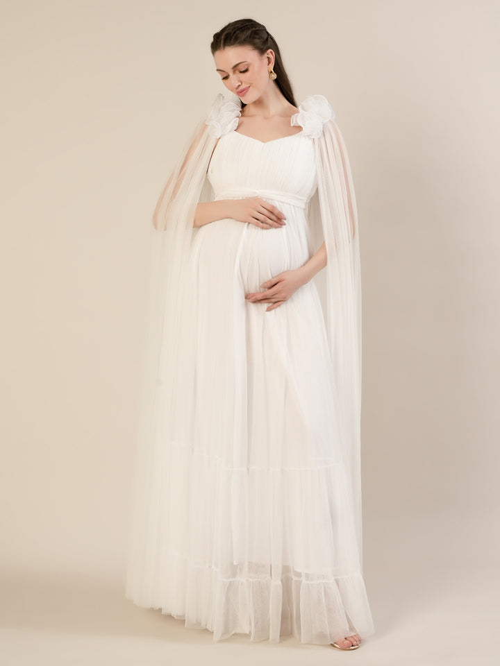 White Ruffle Maternity Maxi Party Gown Dress