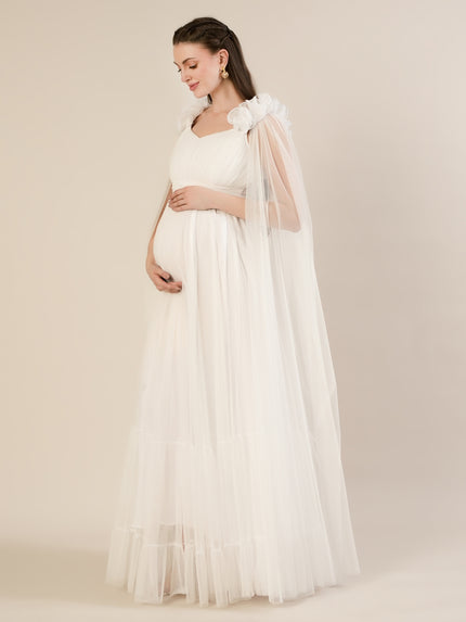 White Ruffle Maternity Maxi Party Gown Dress