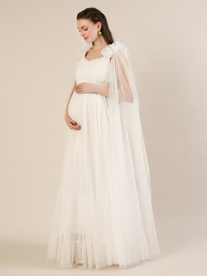 White Ruffle Maternity Maxi Party Gown Dress
