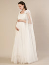 White Ruffle Maternity Maxi Party Gown Dress