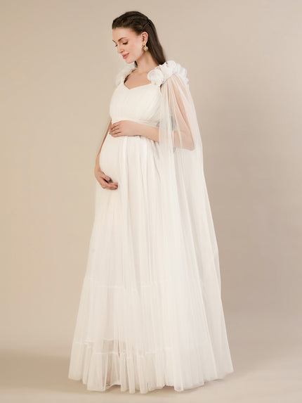 White Ruffle Maternity Maxi Party Gown Dress