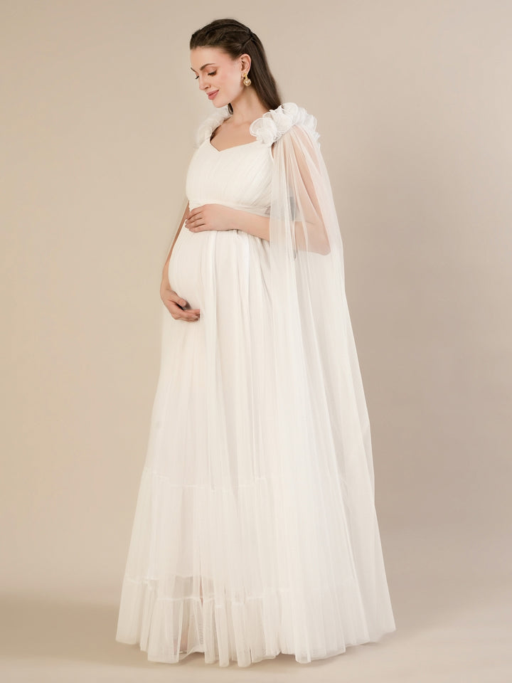 White Ruffle Maternity Maxi Party Gown Dress