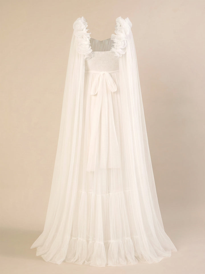 White Ruffle Maternity Maxi Party Gown Dress
