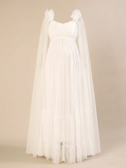 White Ruffle Maternity Maxi Party Gown Dress