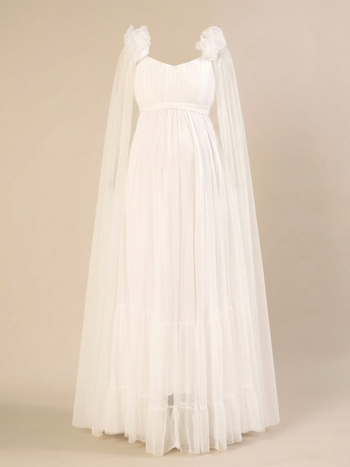 White Ruffle Maternity Maxi Party Gown Dress