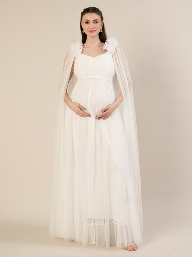White Ruffle Maternity Maxi Party Gown Dress