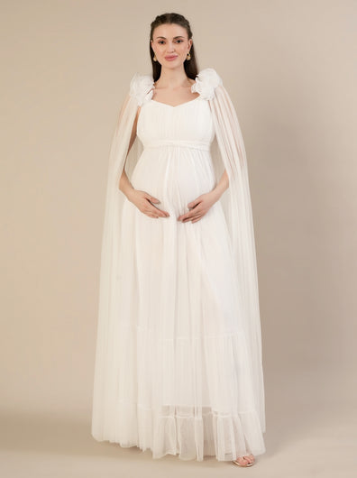 White Ruffle Maternity Maxi Party Gown Dress