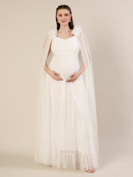 White Ruffle Maternity Maxi Party Gown Dress
