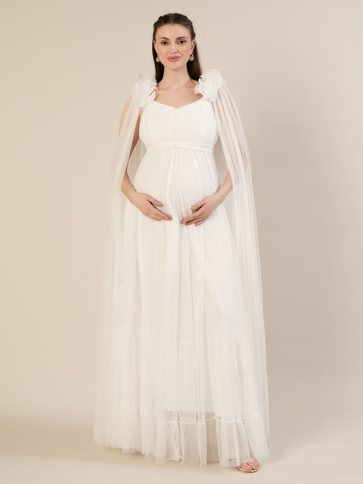White Ruffle Maternity Maxi Party Gown Dress