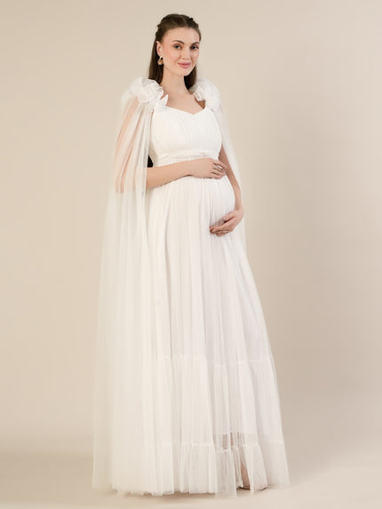 White Ruffle Maternity Maxi Party Gown Dress