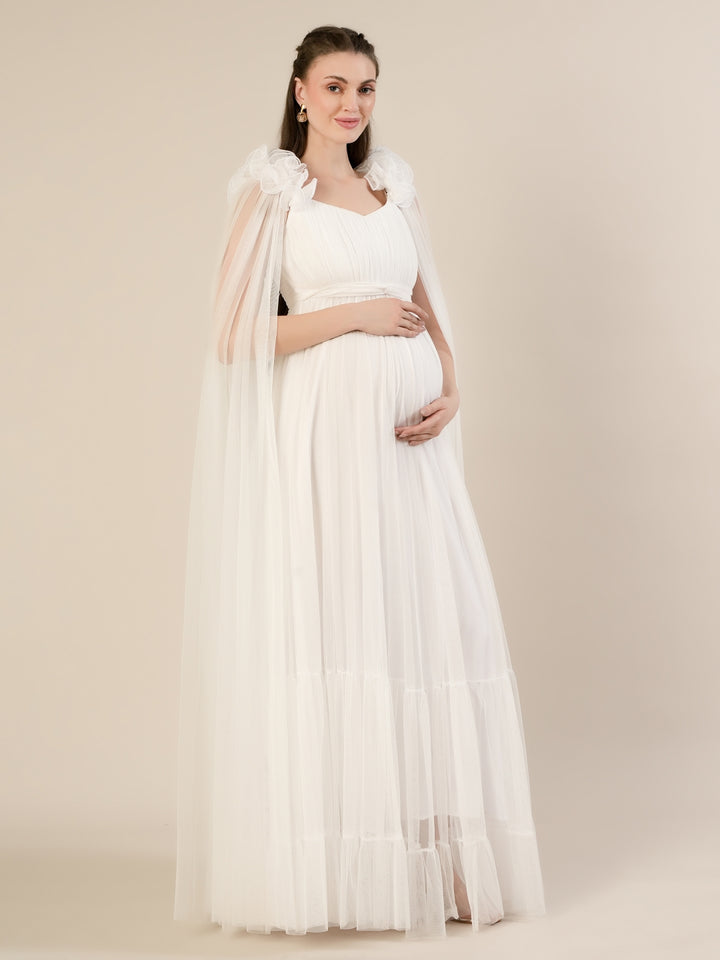 White Ruffle Maternity Maxi Party Gown Dress