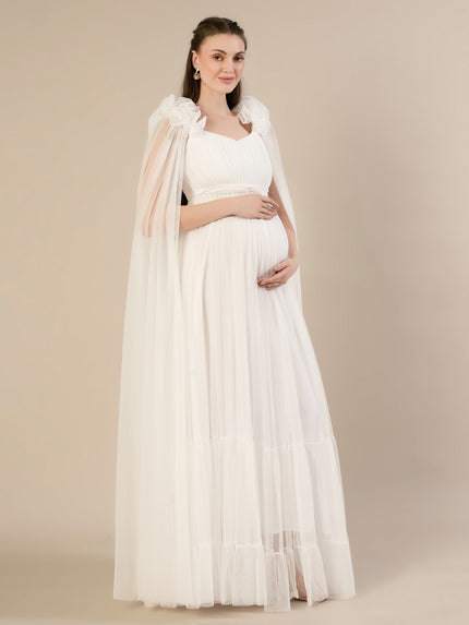 White Ruffle Maternity Maxi Party Gown Dress