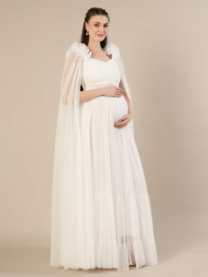 White Ruffle Maternity Maxi Party Gown Dress