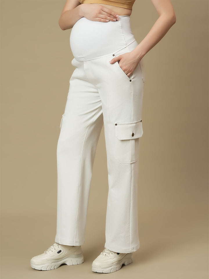 White Wide-leg Maternity Cargo Jeans