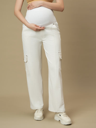 White Wide-leg Maternity Cargo Jeans